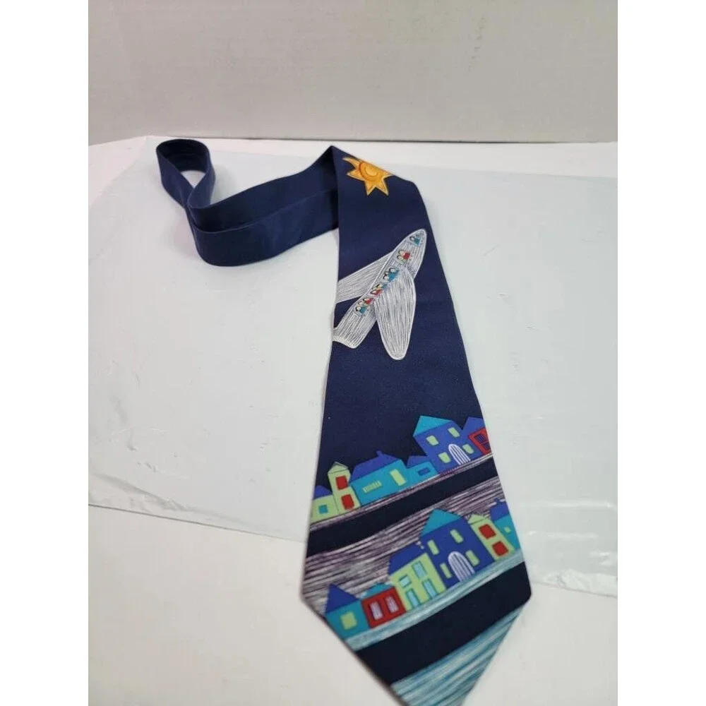 Save the Children Mens Silk Tie Navy Blue Airplane Houses Art Sam Age 10